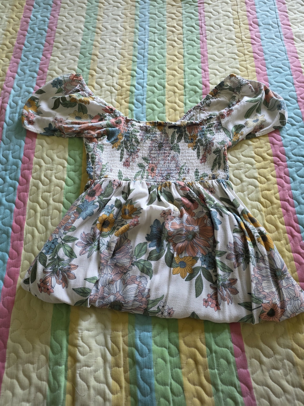 O'Neill White Smocked Off-Shoulder Crop Top with Green, Pink & Yellow Floral